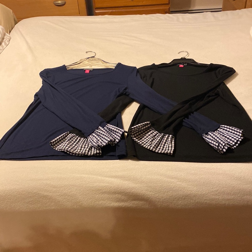 Vince Camuto  Two Long Sleeve Ruffle Gingham Cuff Tops one Blue and one Black-M
